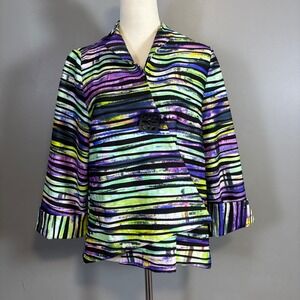 IC Connie K Womens XL Abstract Stripe Jacket Lagenlook Asymmetrical Artsy Boho